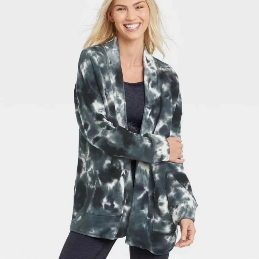 JoyLab Women's French Terry Tie-Dye Black Oversized Cardigan S